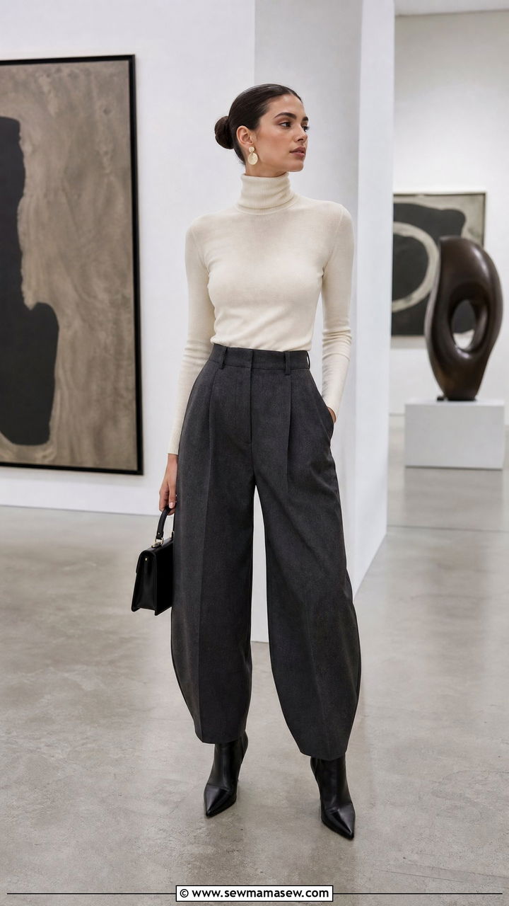 Barrel leg pants and fitted turtleneck gallery look - 30 Gallery opening outfit ideas
