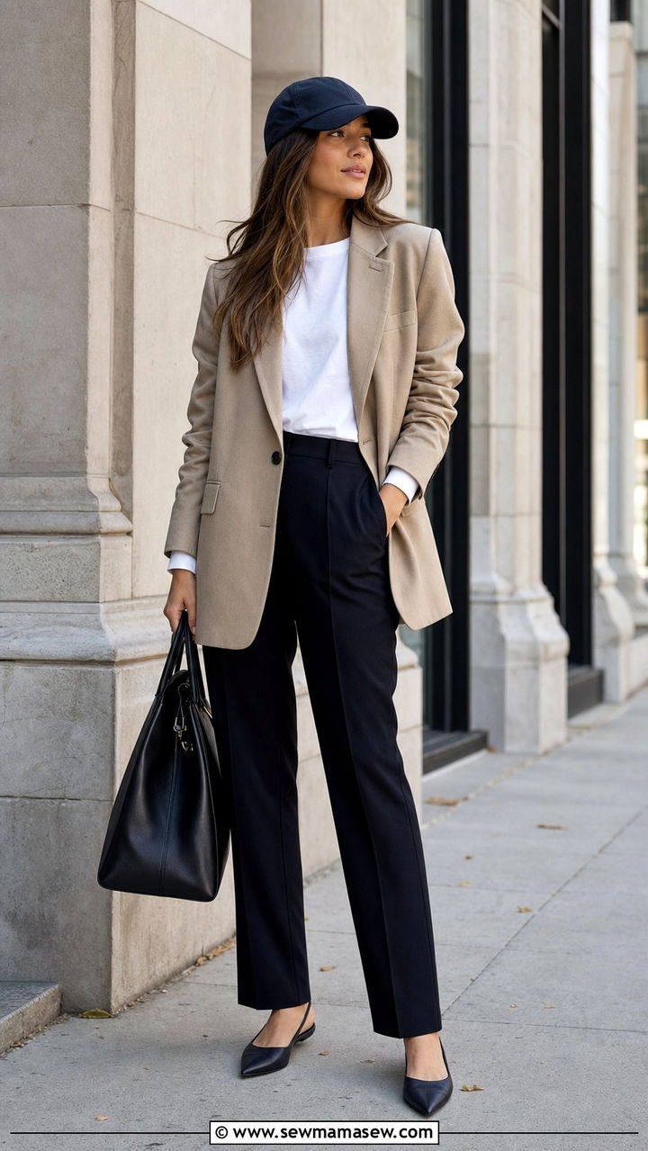 Baseball Cap With Blazer and Tailored Trousers - 35 Baseball cap outfit ideas