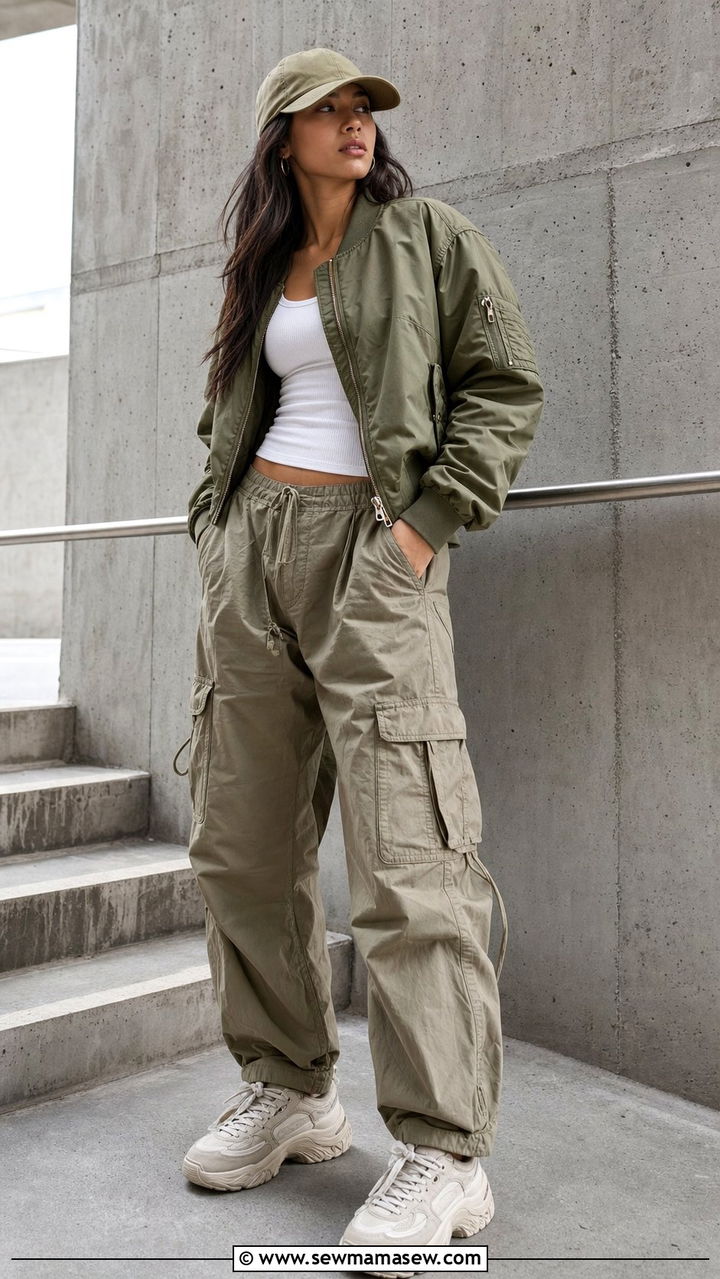 Baseball Cap With Bomber Jacket and Baggy Cargo Pants - 35 Baseball cap outfit ideas