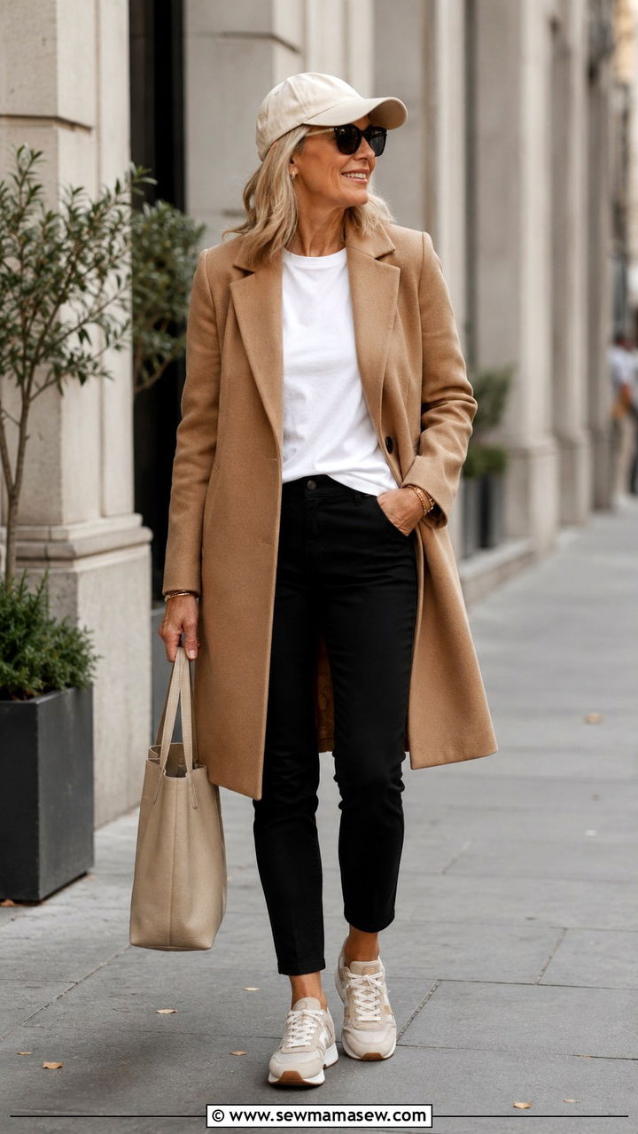 Baseball Cap With Camel Coat And Sneakers Over 50 - 30 Outfit ideas for women over 50 sporty chic