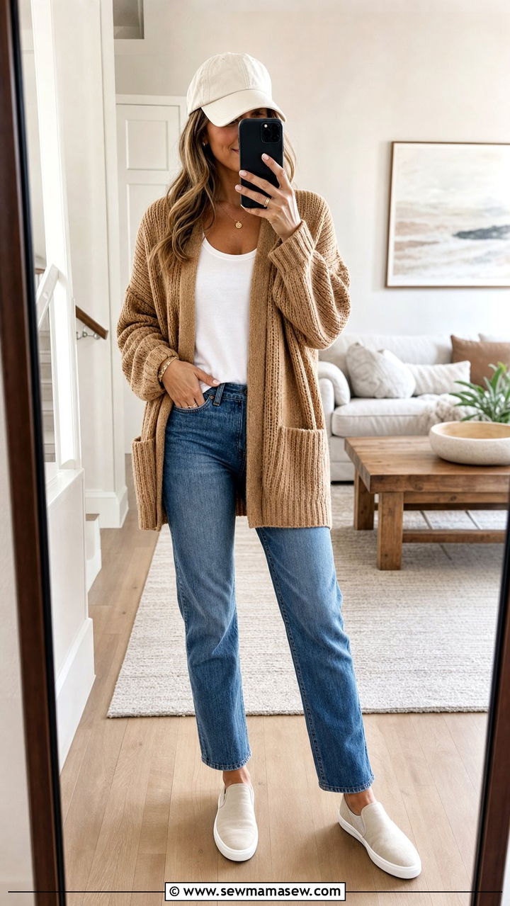 Baseball Cap With Cardigan and Straight Leg Jeans - 35 Baseball cap outfit ideas