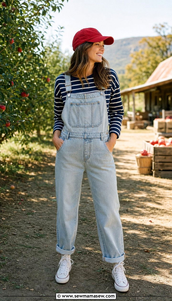 Baseball Cap With Denim Overalls and a Striped Tee - 35 Baseball cap outfit ideas