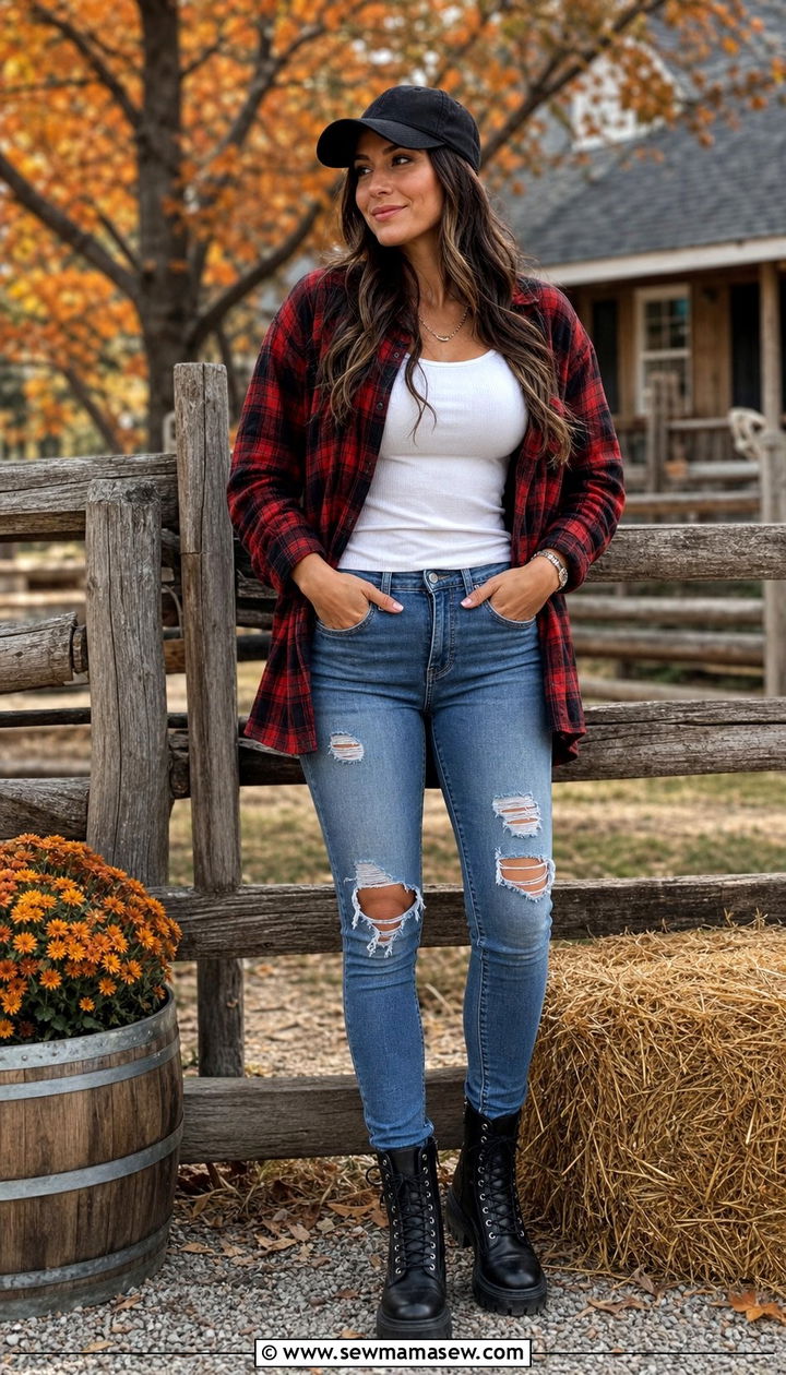 Baseball Cap With Flannel Shirt and Ripped Jeans - 35 Baseball cap outfit ideas