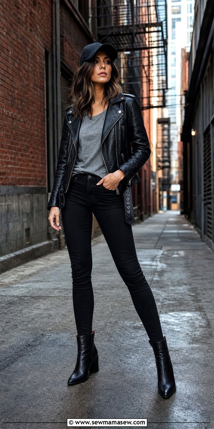 Baseball Cap With Leather Jacket and Black Skinny Jeans - 35 Baseball cap outfit ideas