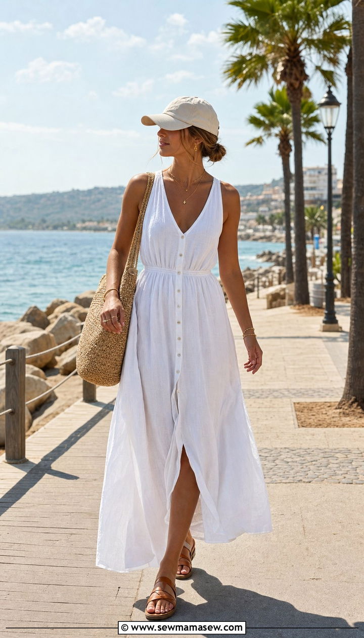 Baseball Cap With Maxi Dress and Flat Sandals - 35 Baseball cap outfit ideas