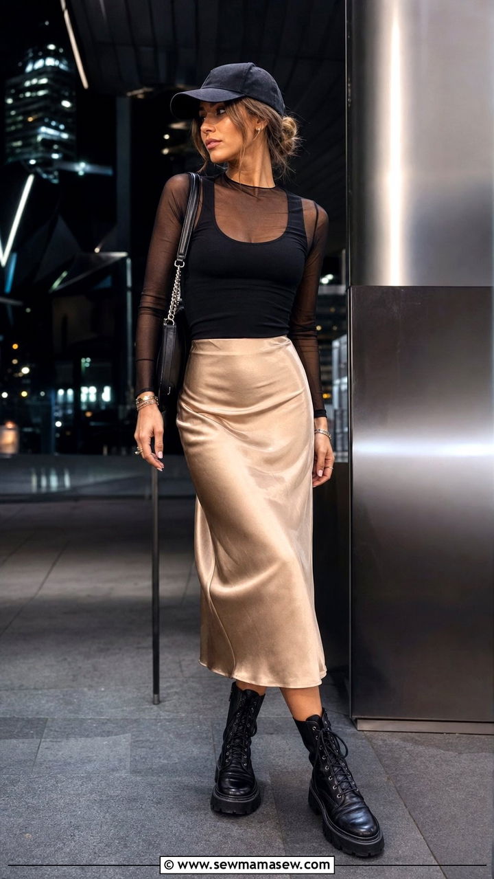 Baseball Cap With Mesh Top and Satin Midi Skirt - 35 Baseball cap outfit ideas