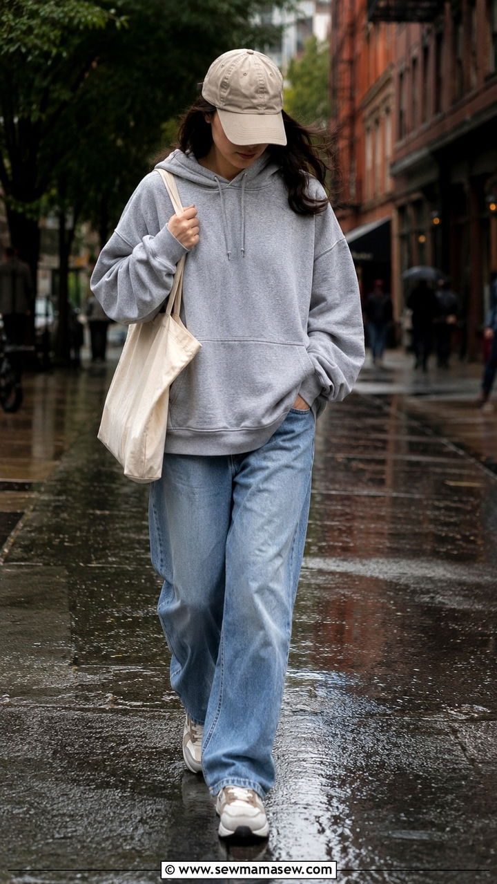 Baseball Cap With Oversized Hoodie And Relaxed Denim - 30 Rainy day casual outfit ideas
