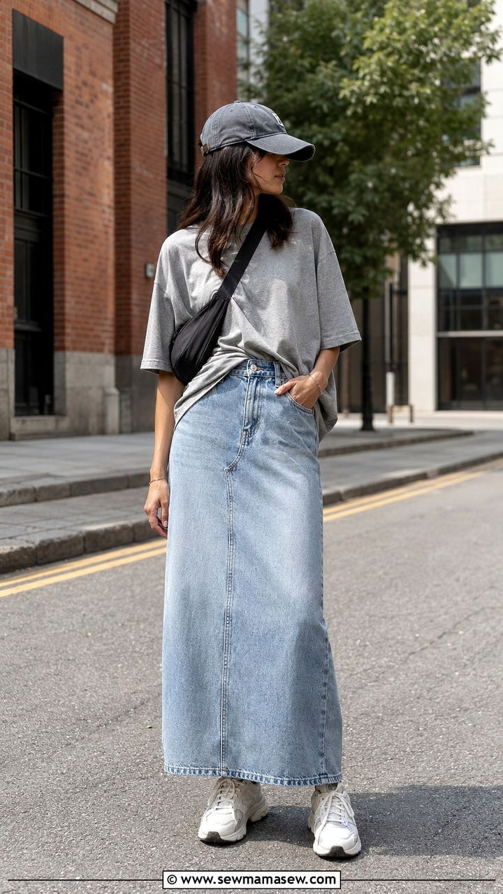 Baseball Cap With Oversized Tee And Long Denim Skirt And Chunky Sneakers - 30 Long denim skirt outfit ideas summer
