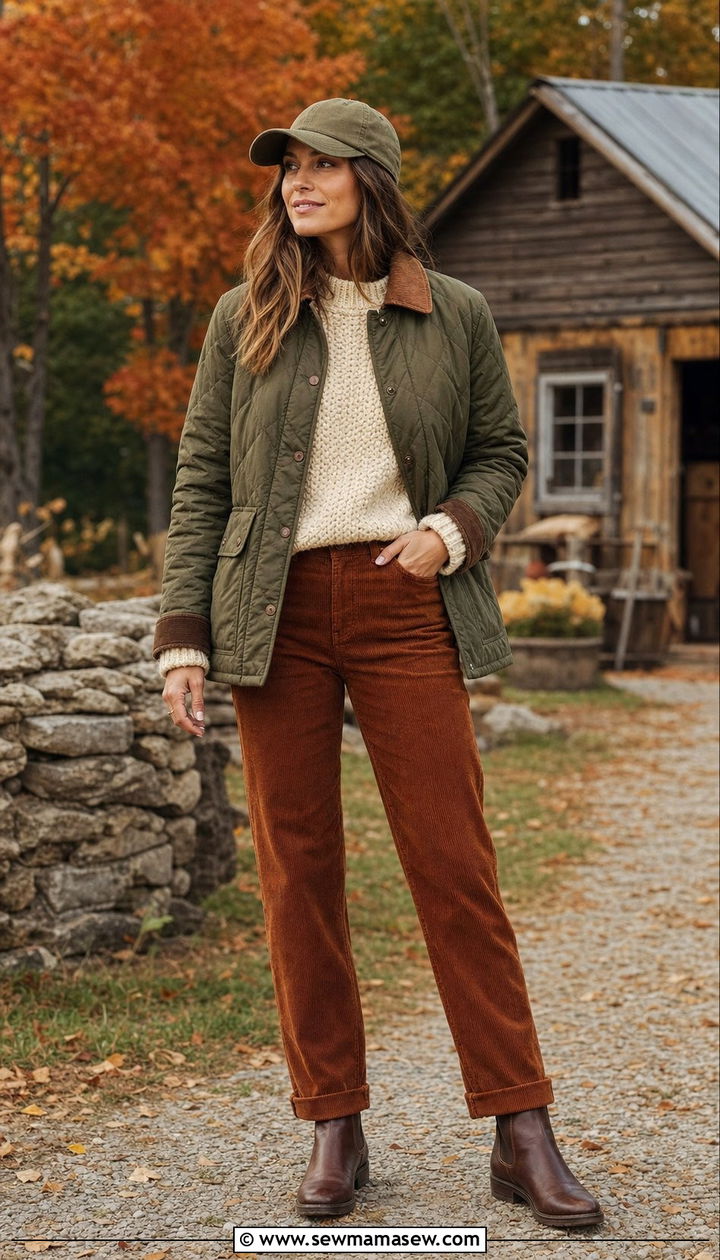 Baseball Cap With Quilted Jacket and Corduroy Pants - 35 Baseball cap outfit ideas