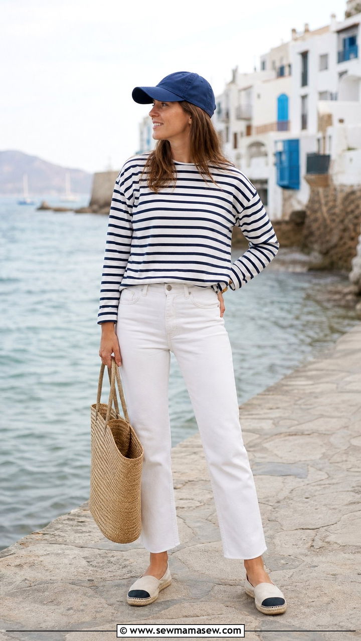 Baseball Cap With Striped Shirt and White Jeans - 35 Baseball cap outfit ideas