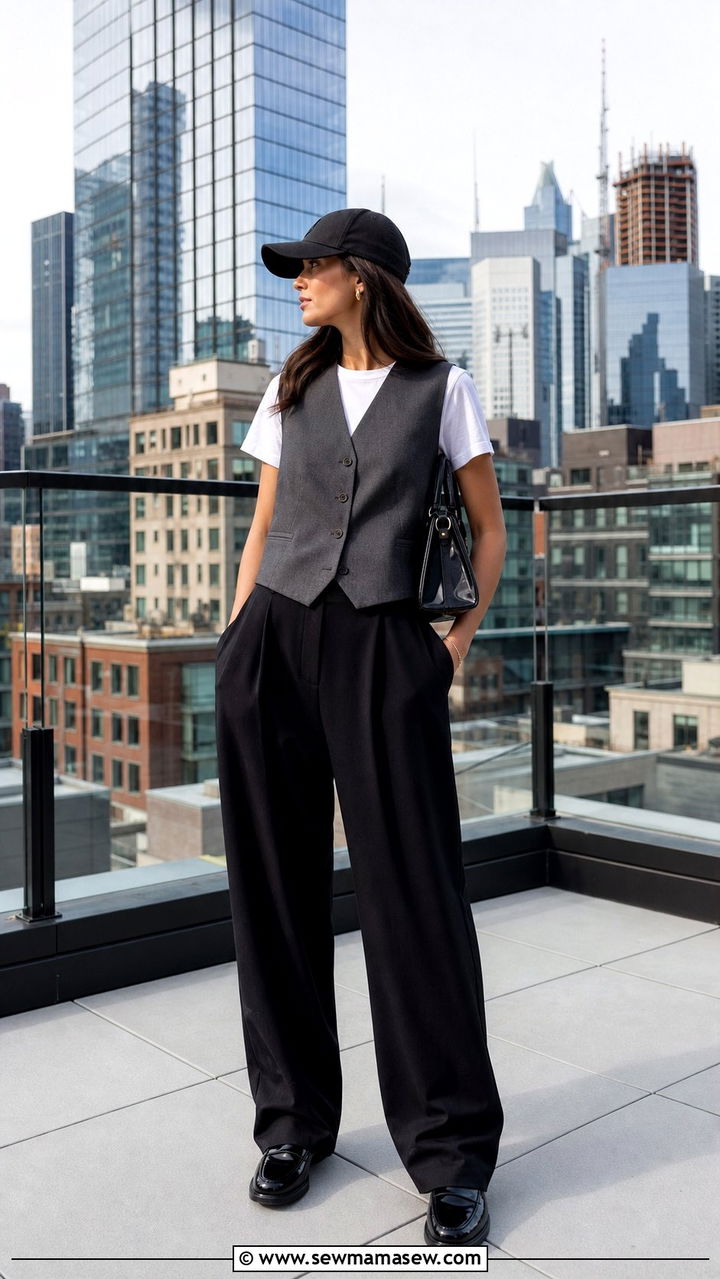 Baseball Cap With Suit Vest and Baggy Trousers - 35 Baseball cap outfit ideas