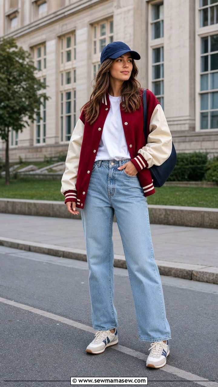 Baseball Cap With Varsity Jacket and Straight Leg Jeans - 35 Baseball cap outfit ideas