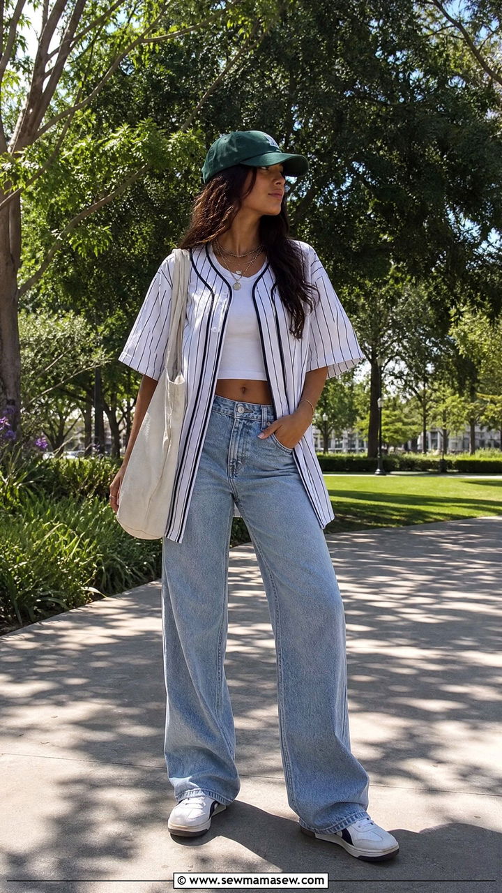 Baseball Jersey with Wide Leg Denim and Retro Sneakers - 30 streetwear outfits to copy