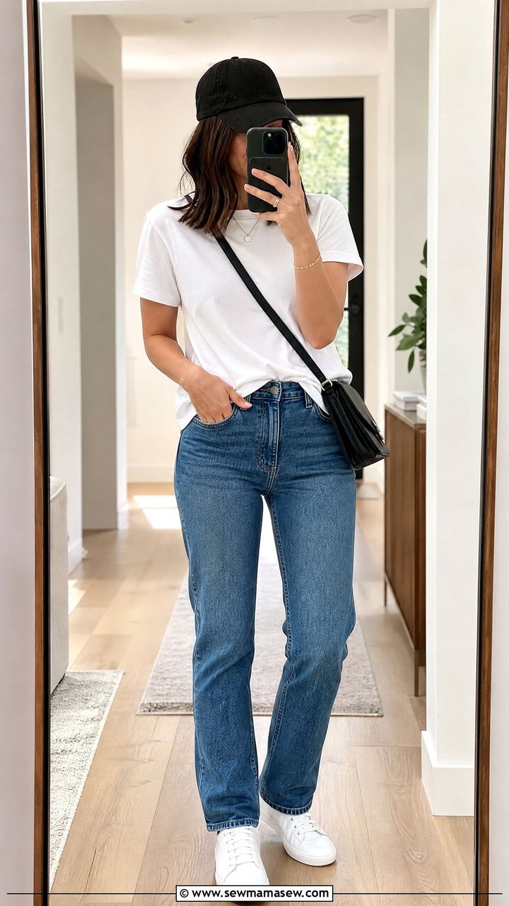 Baseball cap and white t shirt with jeans - 35 Kendall Jenner spring outfit ideas