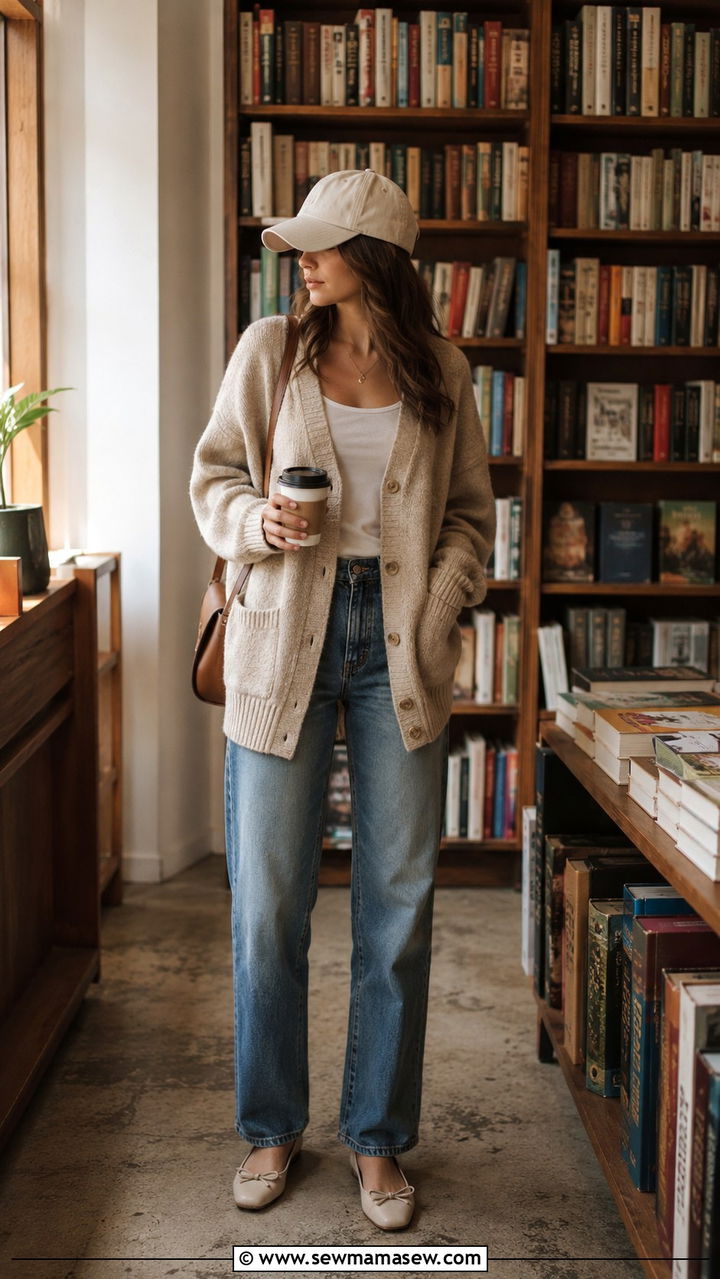 Baseball cap with a cardigan and jeans - 30 How to style a baseball cap