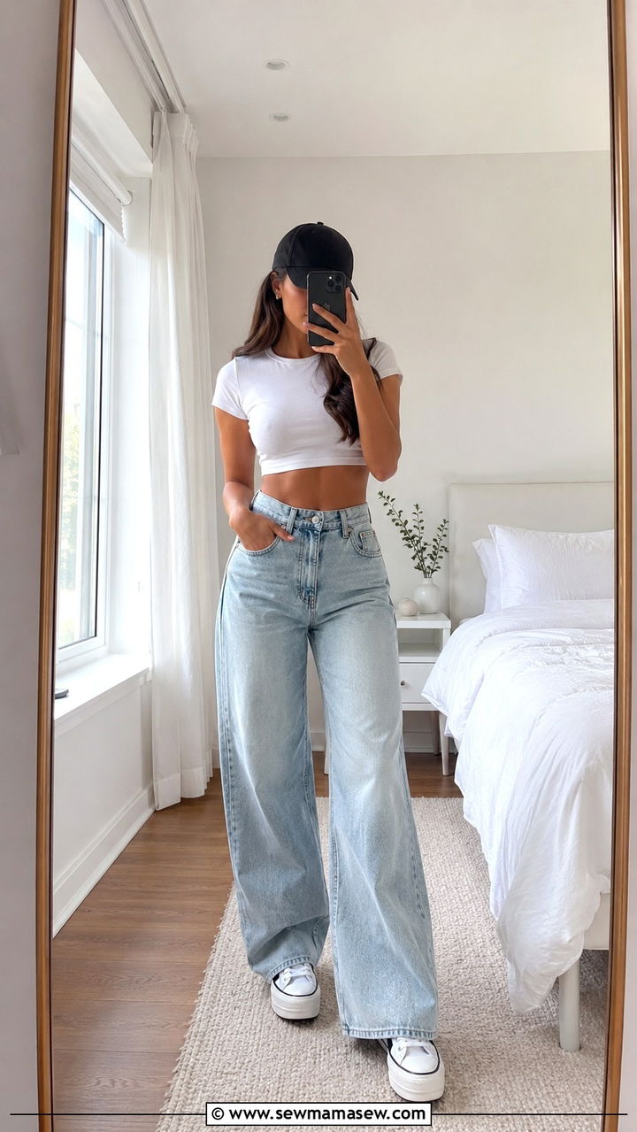 Baseball cap with a crop top and high waisted jeans - 30 How to style a baseball cap
