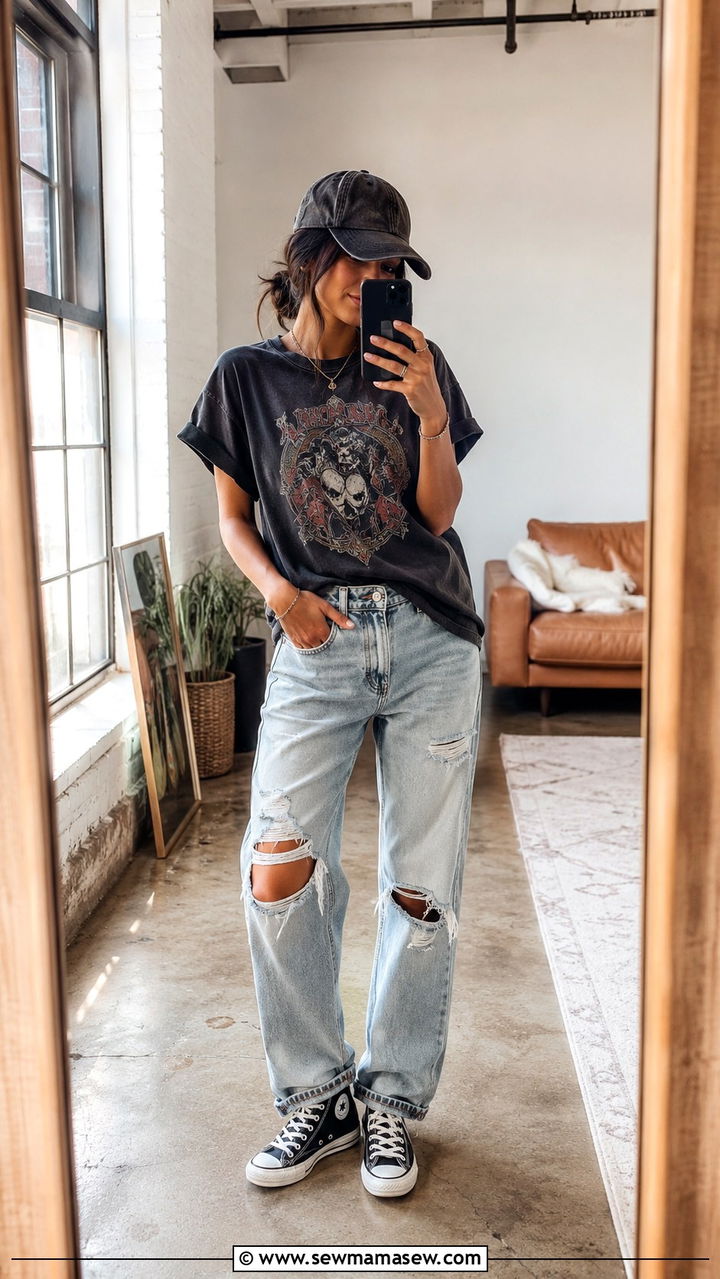 Baseball cap with a graphic tee and ripped jeans - 30 How to style a baseball cap