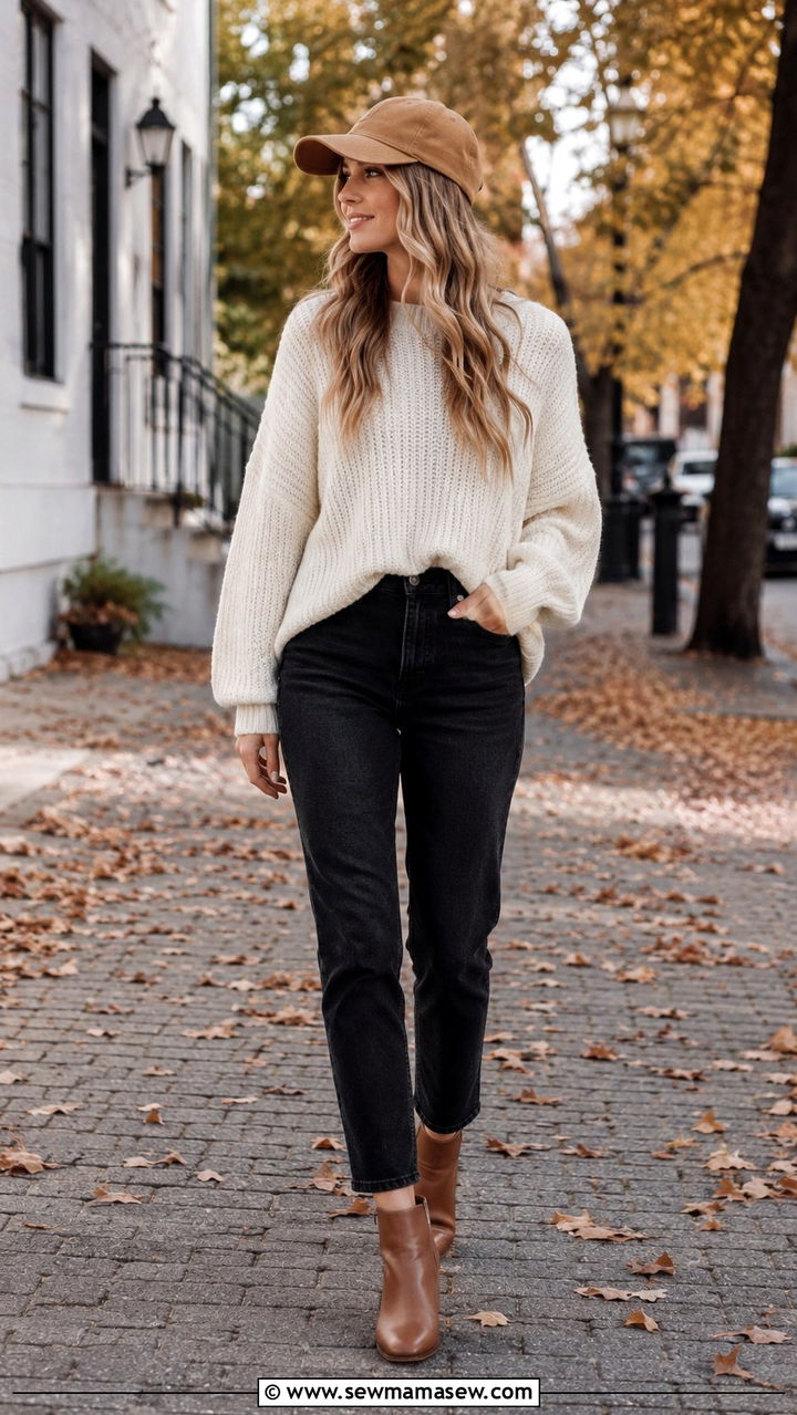 Baseball cap with a sweater and boots - 30 How to style a baseball cap