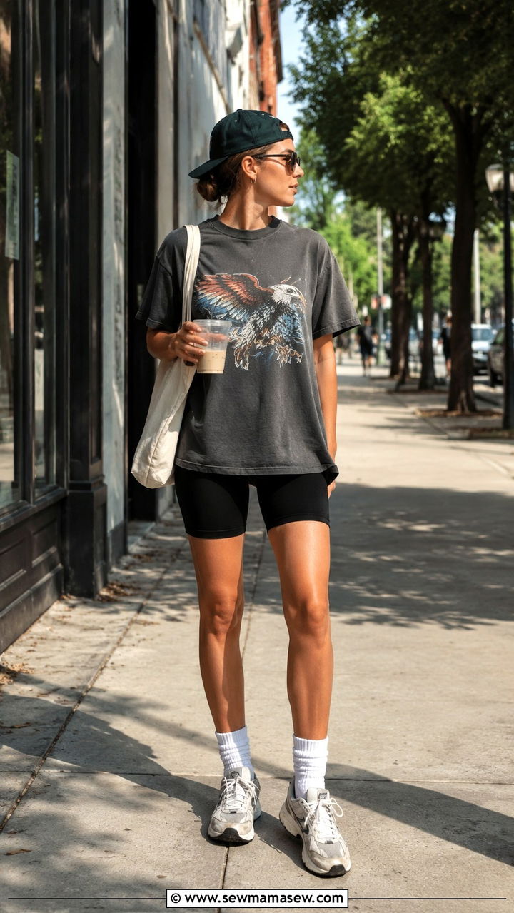 Baseball cap with biker shorts and oversized tee - 30 Ways to wear a baseball cap