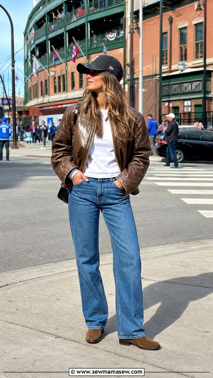 Baseball cap with leather jacket and jeans - 40 What to wear in Chicago