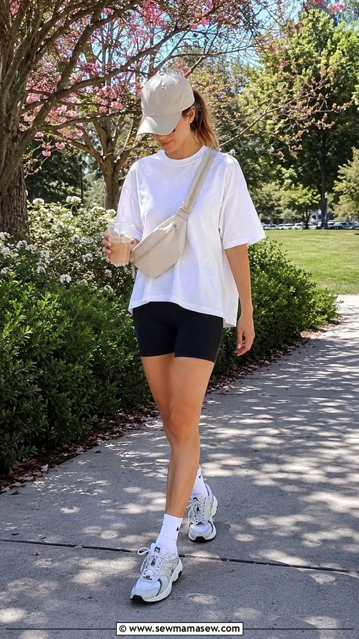 Baseball cap with oversized tee and biker shorts - 30 spring running errands outfit ideas