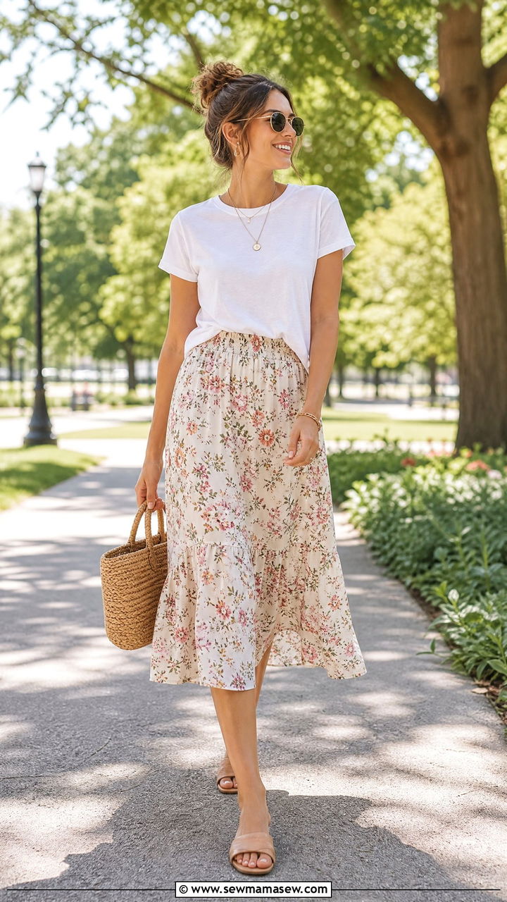 Basic tee and midi skirt with elastic waist and slide sandals - 30 summer outfits for postpartum women