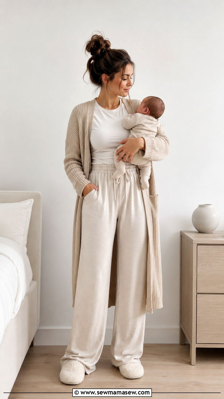 Basic tee and wide leg lounge pants postpartum outfit - 25 outfit ideas for postpartum women