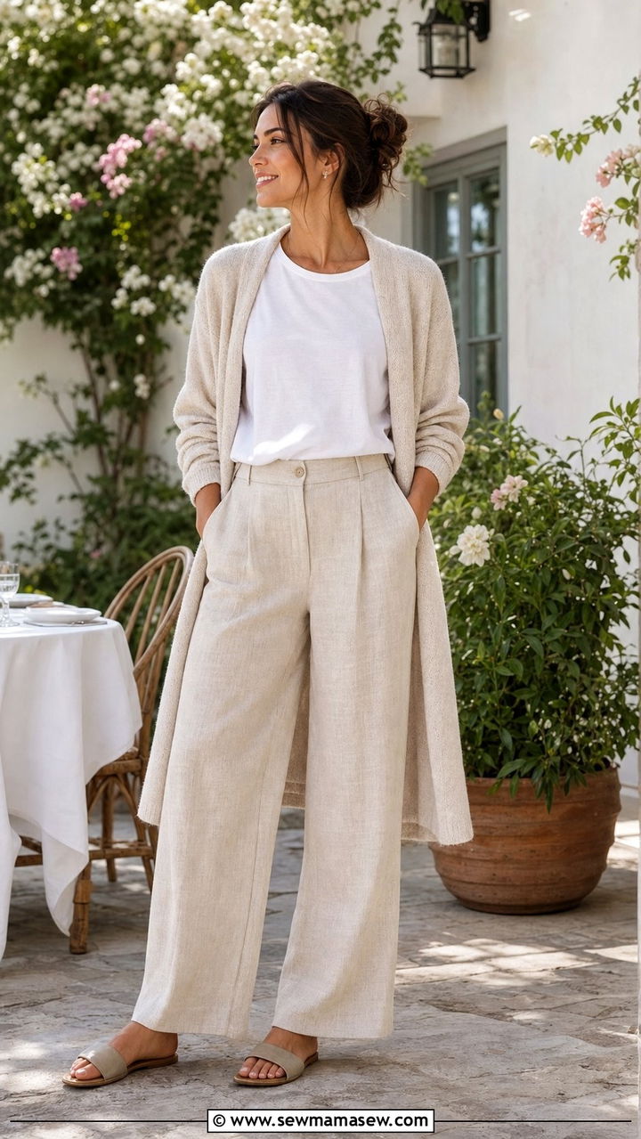 Basic tee with long cardigan and wide leg linen pants - 25 spring outfits for postpartum moms