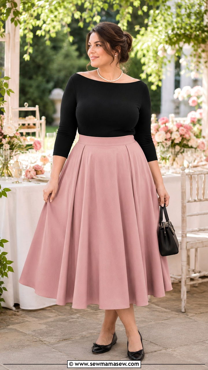 Bateau Neck Top With A Full A Line Skirt And Ballet Flats - 25 Outfit ideas for curvy upper body