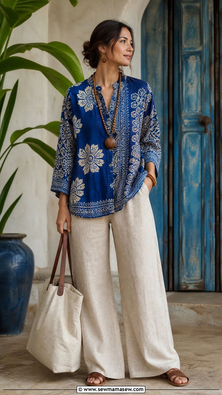 Batik Print Blouse with Linen Trousers - 35 Hippie outfit ideas