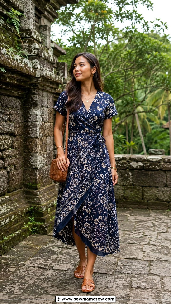 Batik Print Dress With Flat Sandals - 25 Asian vacation outfit ideas