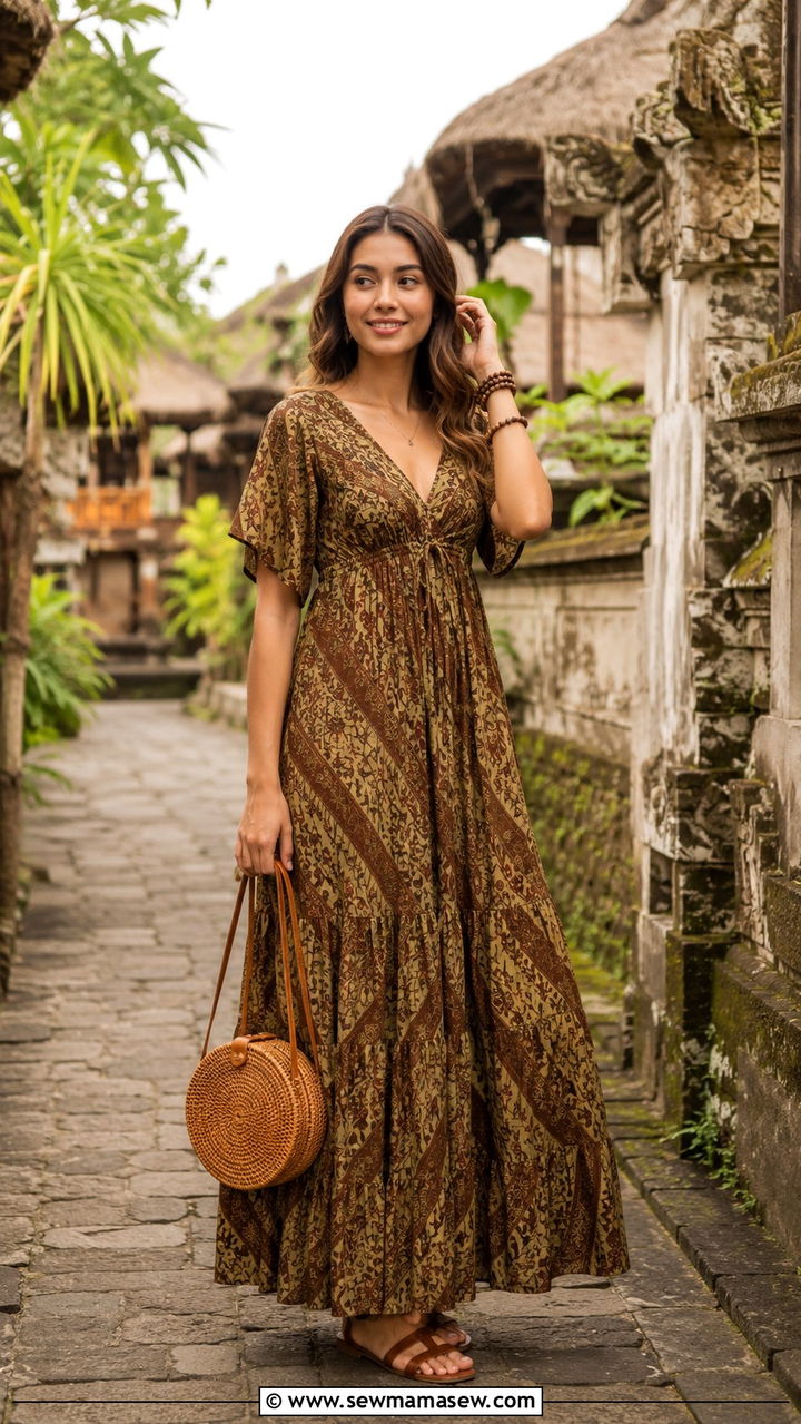 Batik Print Maxi Dress With Sandals - 25 Bali spring outfit ideas