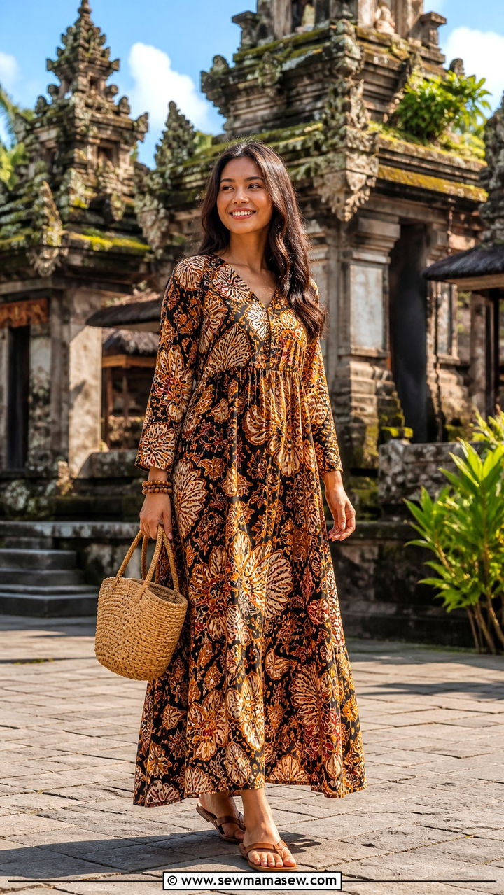 Batik Print Maxi Dress With Simple Sandals - 40 Bali outfit ideas