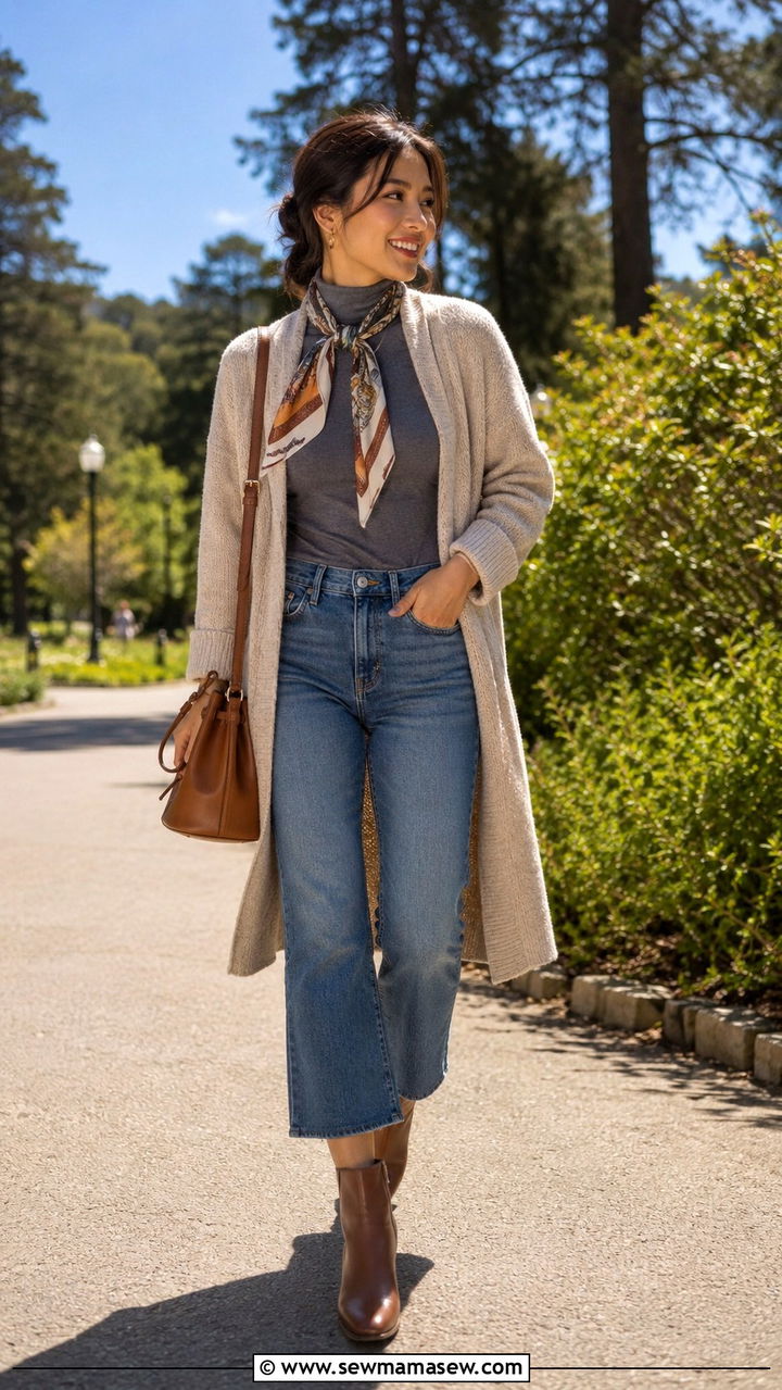 Bay Area Layered Brunch Outfit with Cardigan and Scarf - 30 Brunch outfit ideas Bay Area
