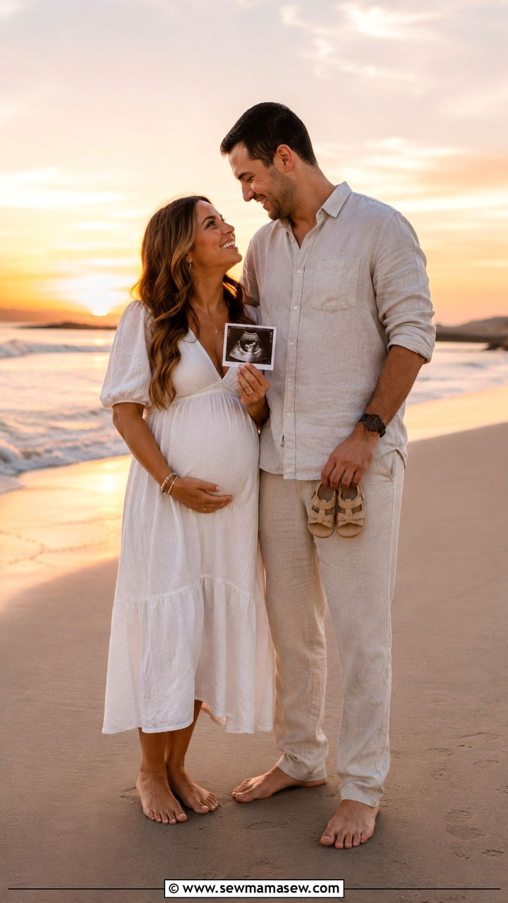 Beach Flowy Dress And Barefoot Look - 20 Baby announcement photo outfit ideas