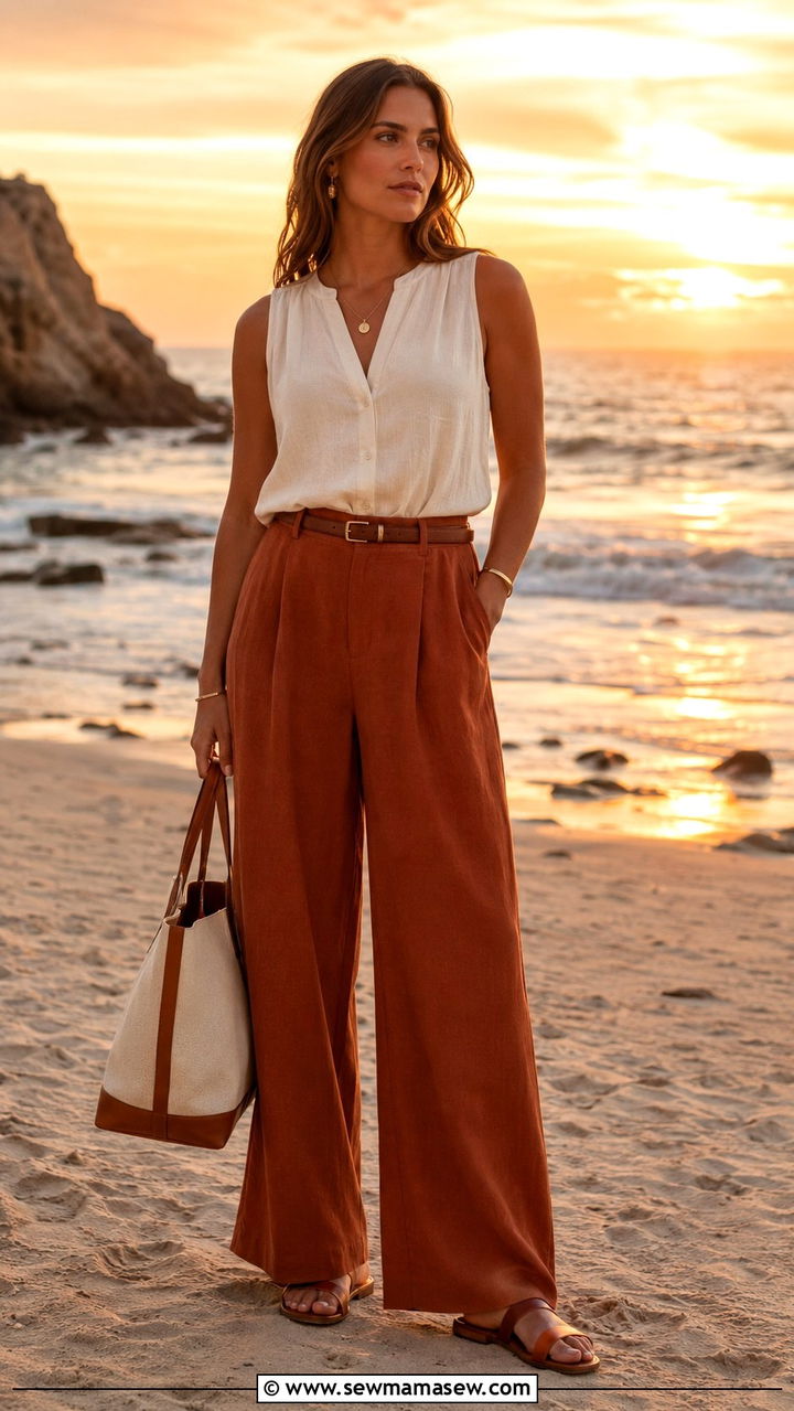 Beach Sunset Photo Outfit Earth Tone Pants and Blouse - 20 Beach sunset photo outfit ideas