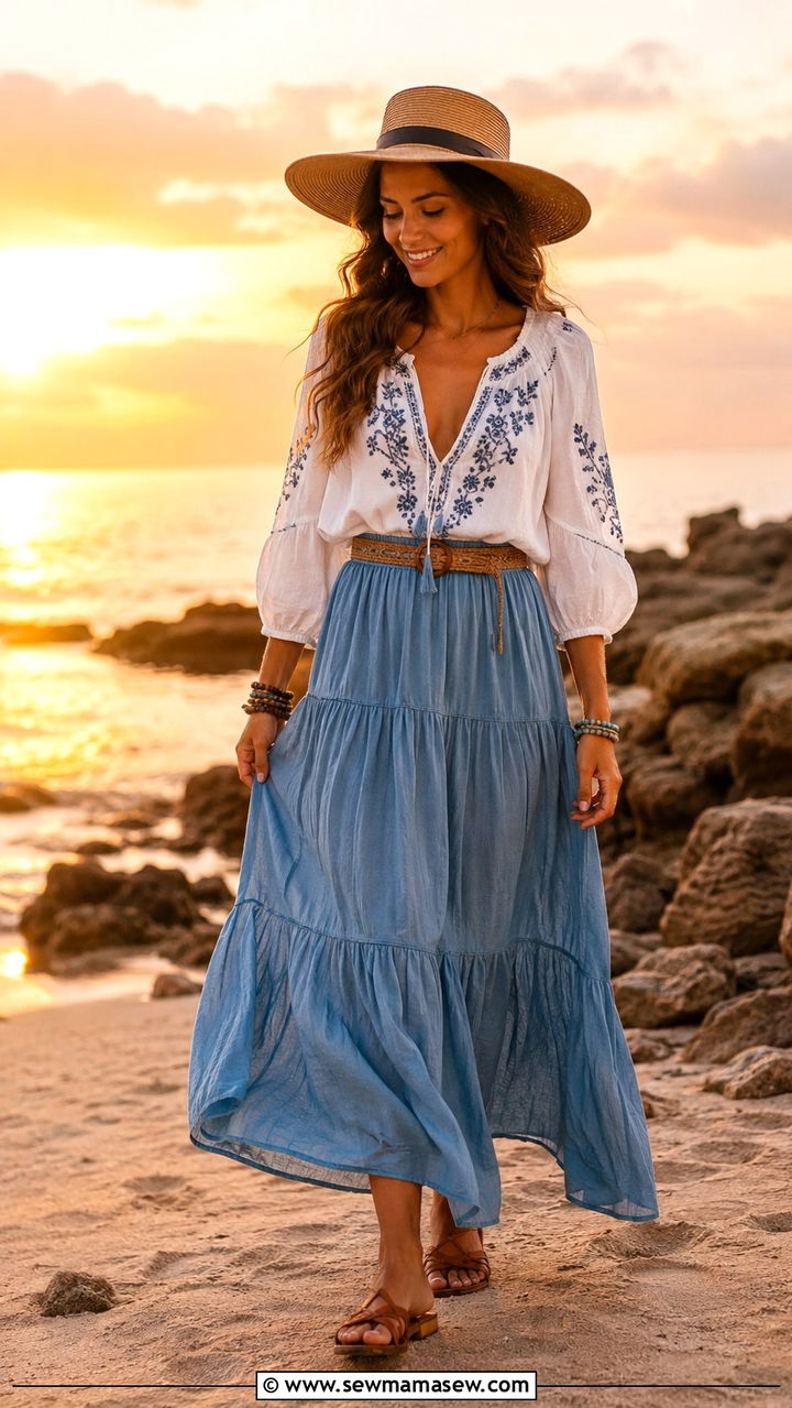 Beach Sunset Photo Outfit Peasant Blouse and Maxi Skirt - 20 Beach sunset photo outfit ideas