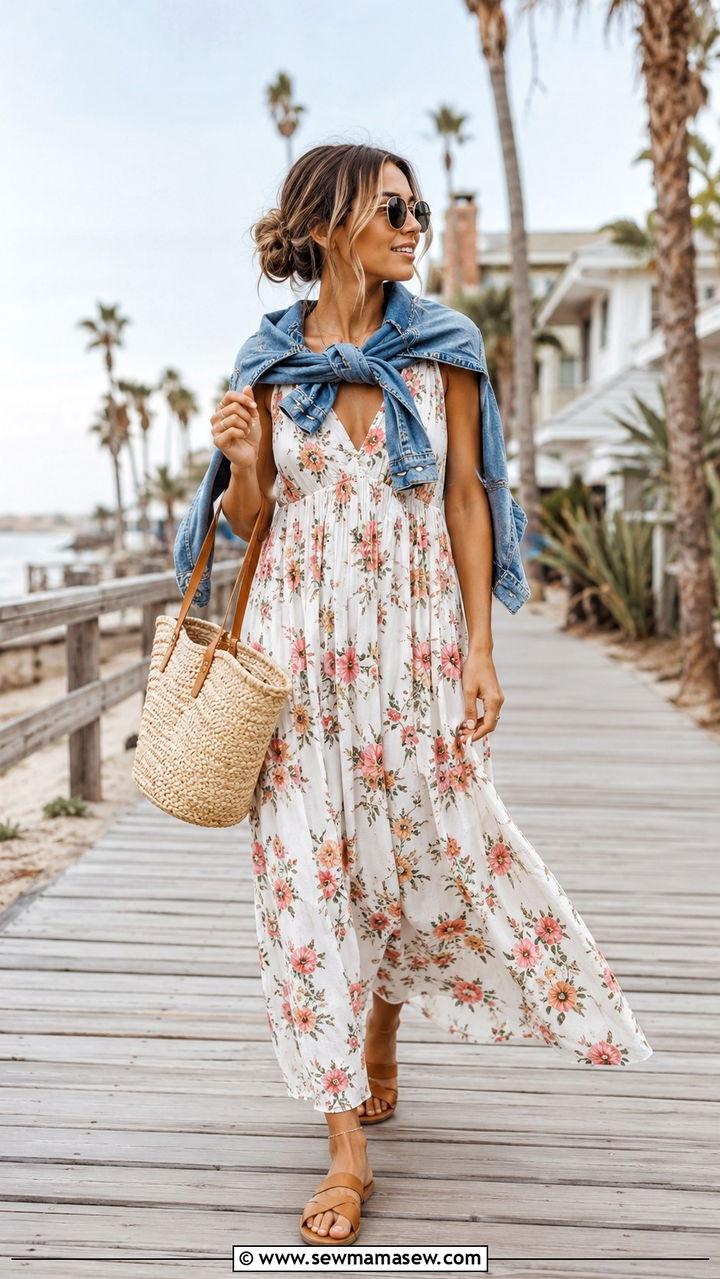Beach Vacation Outfit With Maxi Dress and Flat Sandals - 25 travel outfits Pinterest