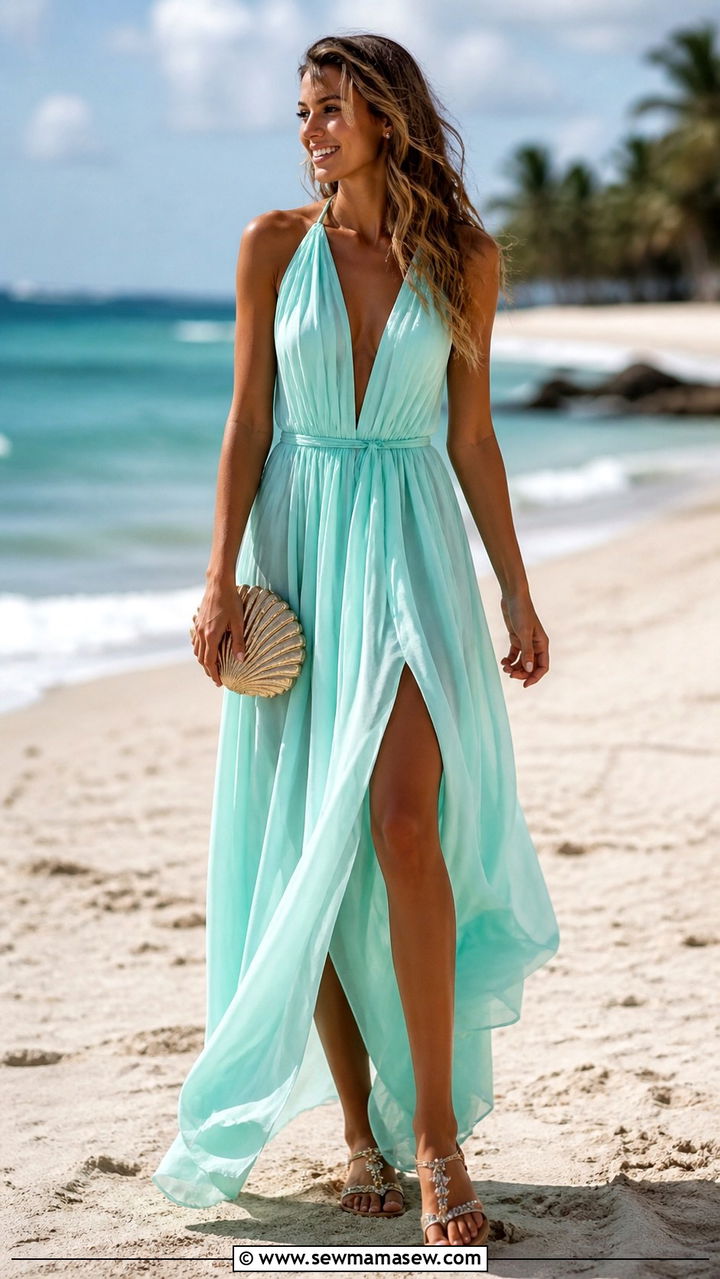 Beach Wedding Chiffon Maxi with Flat Sandals - 40 Summer 2026 wedding guest outfit ideas