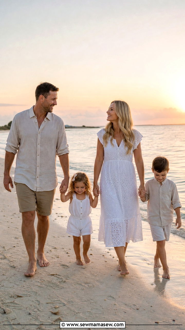 Beach white and beige family photo outfits - 40 Family photo outfit ideas