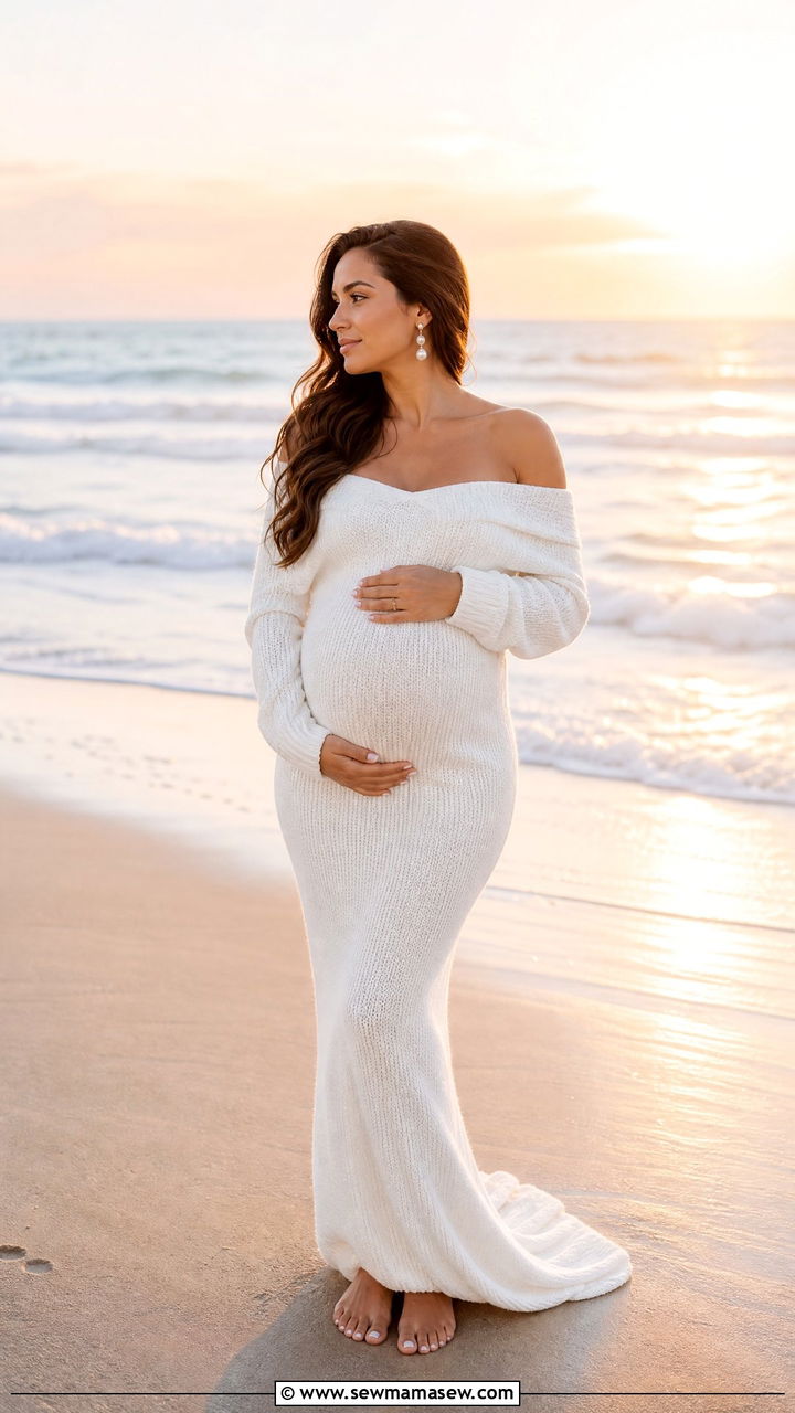 Beachside Off Shoulder White Maternity Photoshoot Dress - 25 Maternity outfit ideas for photoshoot