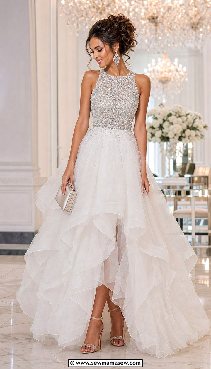 Beaded Bodice Sheer Tulle Ball Gown with Crystal Earrings - 25 Debutante ball outfit ideas