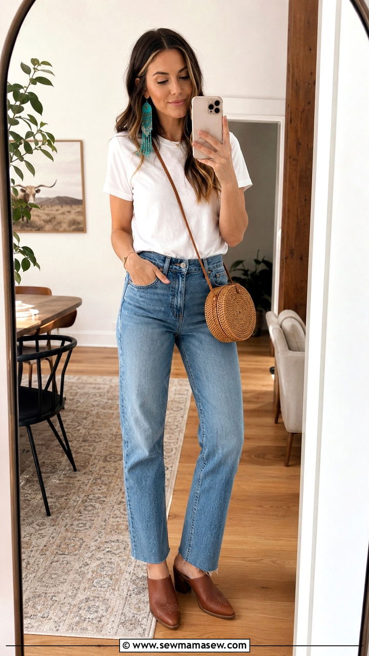 Beaded Fringe Earrings With Simple Tee And Jeans - 25 Western outfit ideas with fringe