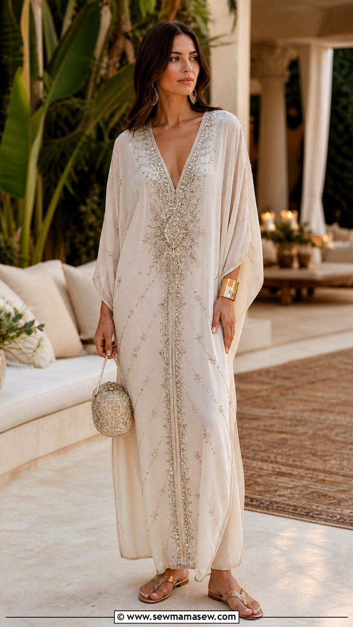 Beaded Kaftan With Metallic Sandals - 40 boho chic outfits 2026