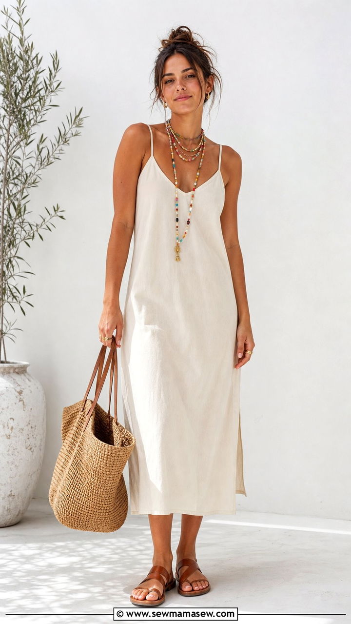 Beaded Necklace and Neutral Dress Boho Outfit - 25 Summer boho outfits 2026
