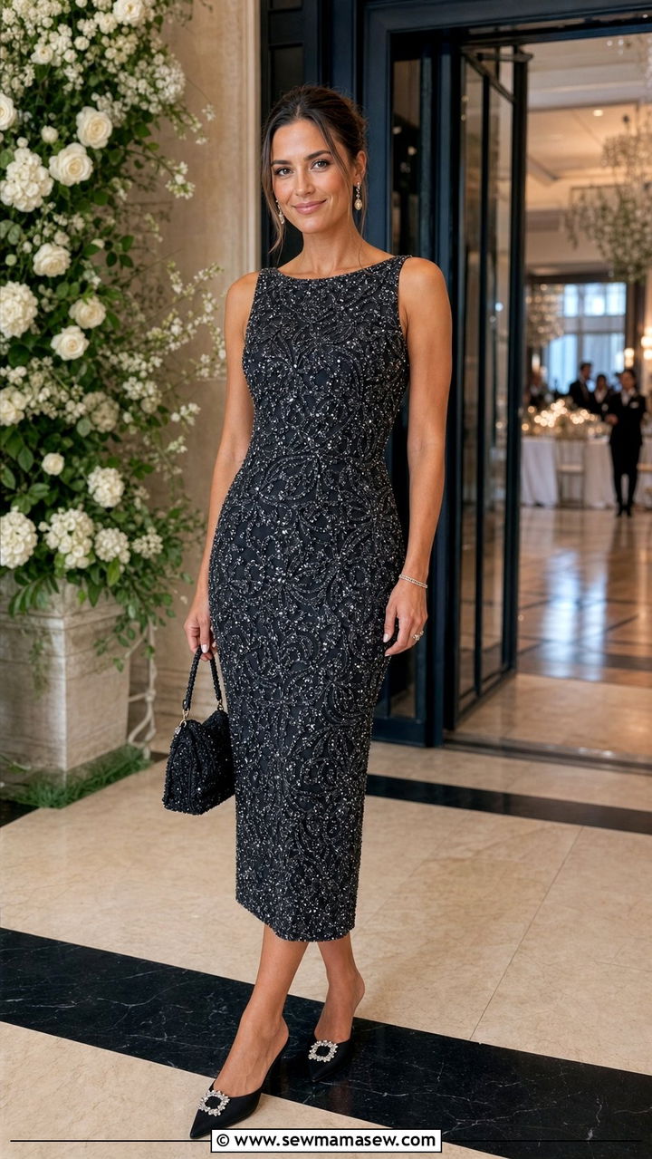Beaded Sheath Dress With Pointed Toe Mules - 35 Black tie wedding guest outfits