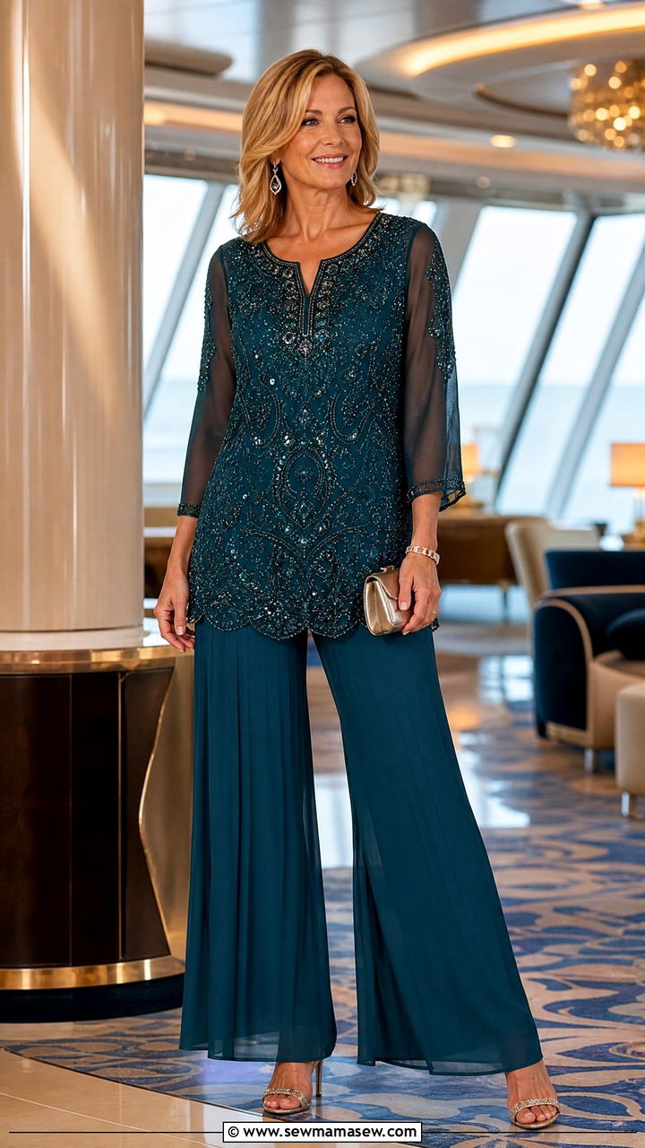 Beaded Tunic and Palazzo Pants Set - 30 Cruise formal night outfit ideas