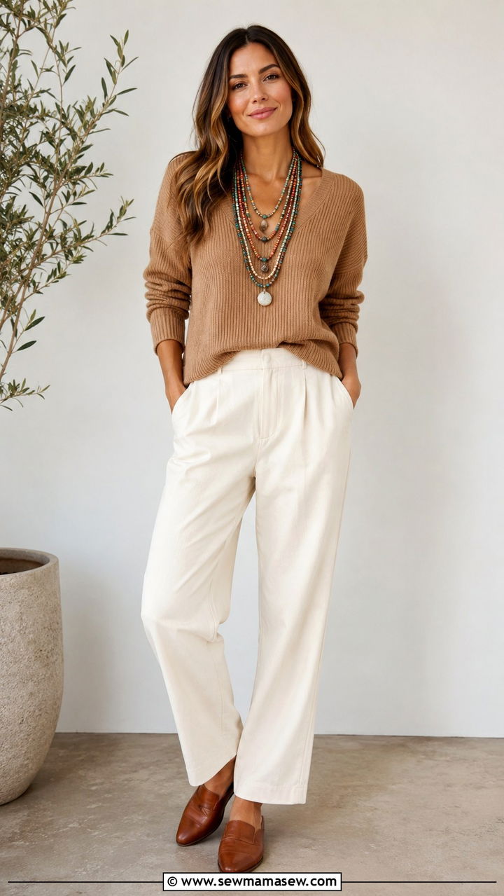 Beaded necklace with knit and relaxed trousers - 25 Boho chic clothing ideas 2026