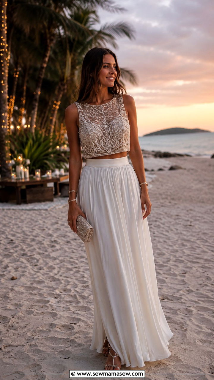Beaded top with flowy maxi skirt - 30 Tropical vacation outfit ideas