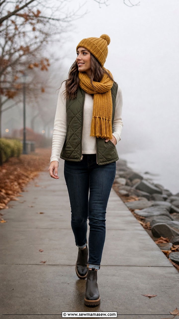 Beanie and scarf set with a quilted vest - 25 Foggy day outfit ideas